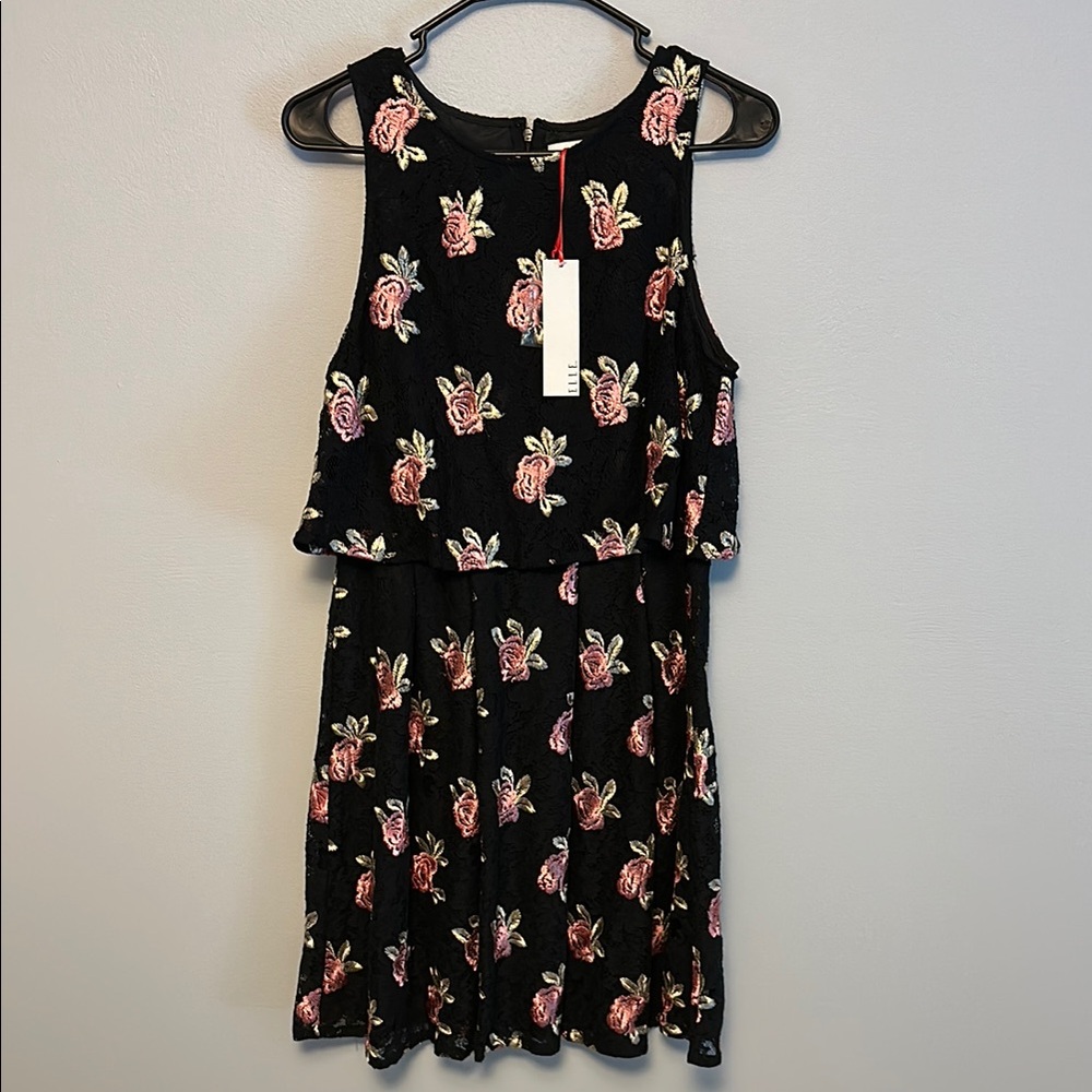 Elle Floral Embroidered Black Dress size 6 women’s